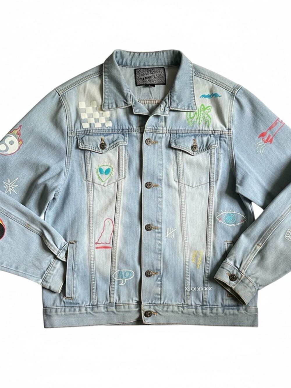 Brooklyn Cloth Light Wash Savage Painted Doodle Denim Jacket - Large